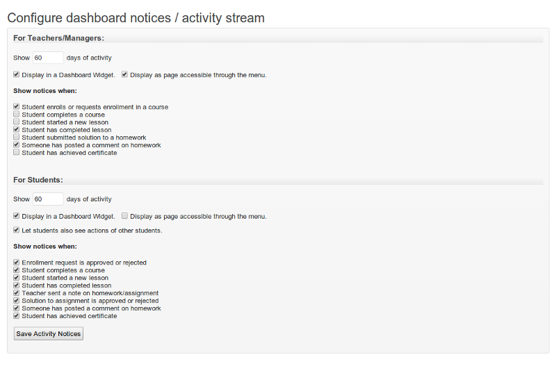 Configure dashboard activity stream