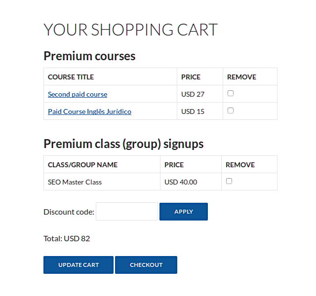 Enable shopping cart for premium course and class signups