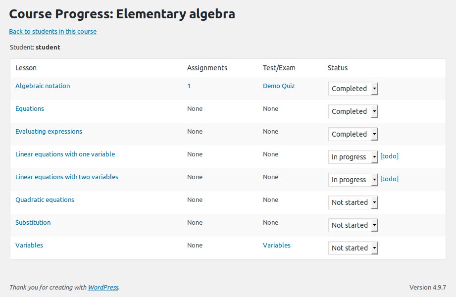 Watch the course progress for a given student